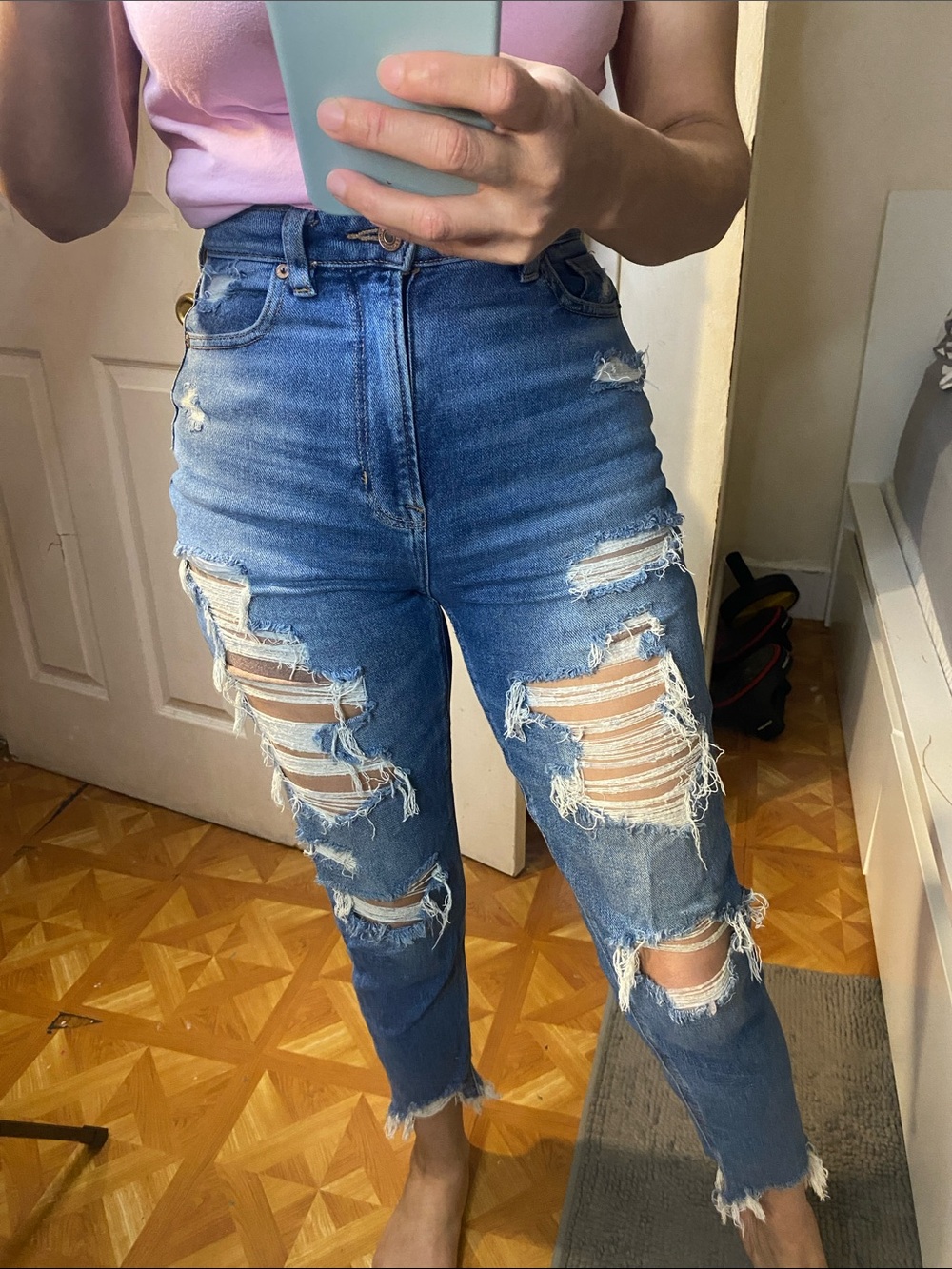 American Eagle Outfitters Distressed High-Rise Blue Cropped Jeans